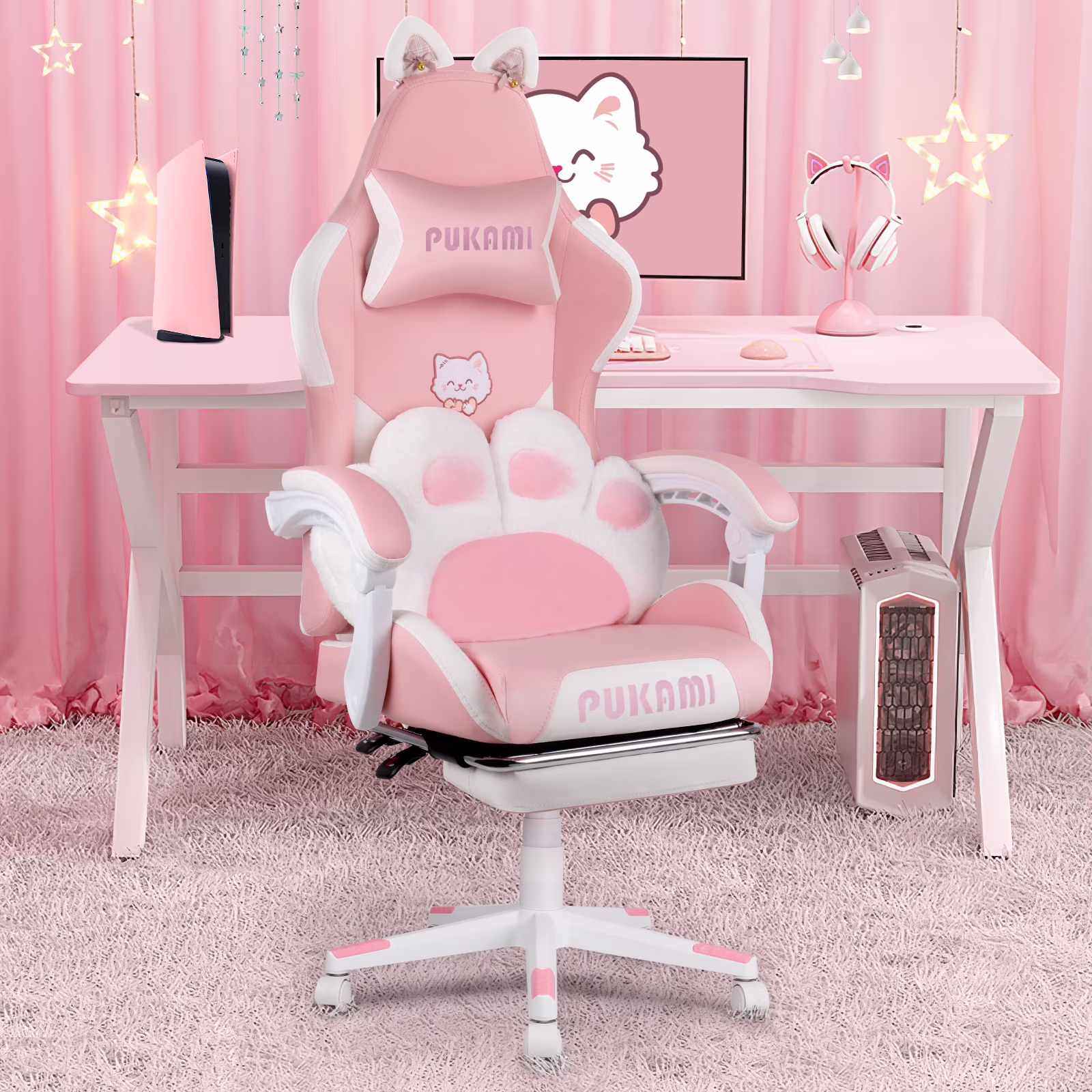 Waleaf Pink Gaming Chair with Cat Paw Lumbar Cushion and Cat Ears for Girls, Reclining Office Computer Chair with Footrest for Adults, Teens