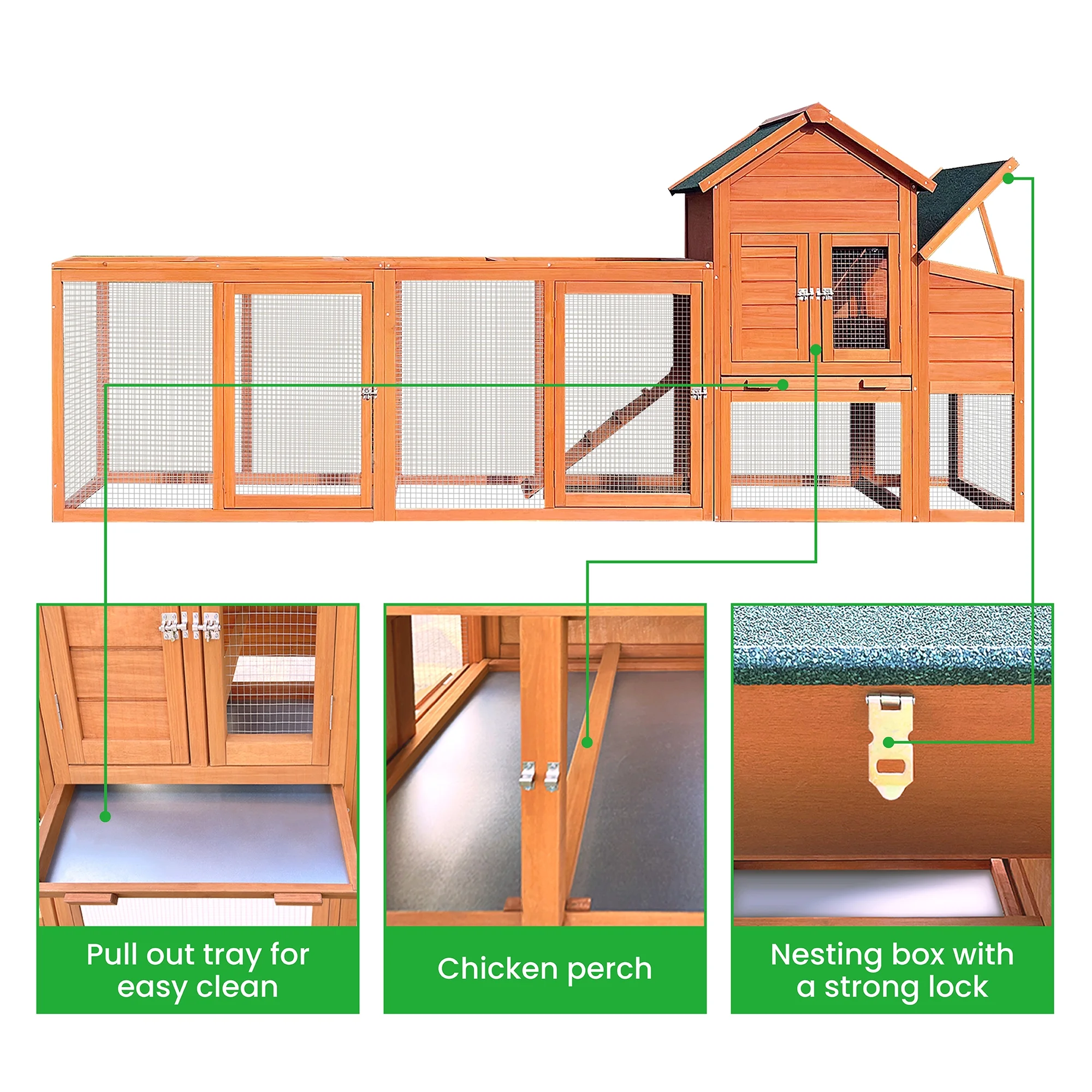 Pefilos 112" Large Rabbit Hutch Outdoor Wood Chicken Coop, Hen House with Nest Box, Wire Fence Poultry Cage, Orange