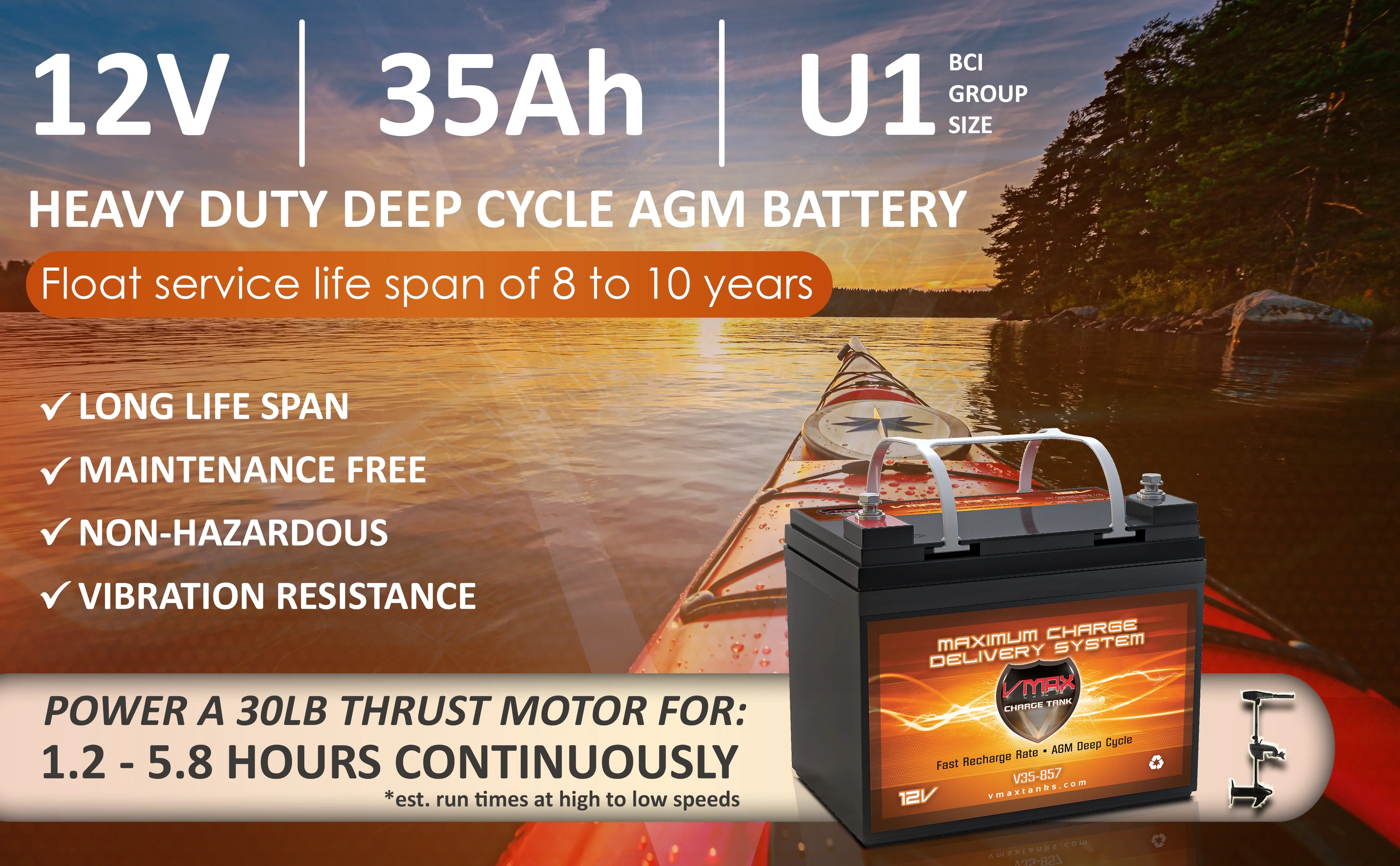 VMAX V35-857 12V 35AH AGM Deep Cycle U1 Battery (7.7"x 5"x 6.1") for Minn Kota Endura Max 45 Hand Control - 12V-45lb Trolling Motor