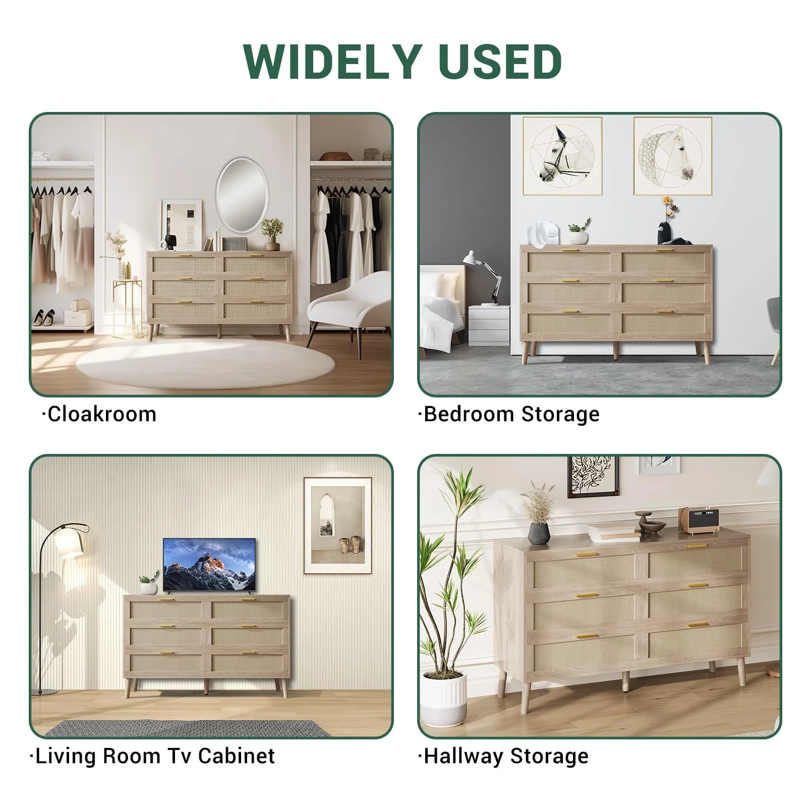 Huloretions 6 Drawer Dresser,Rattan Chest of Dressers,Mid Century Modern Dresser For Closet With Handles,Large Table Top Dresser For Bedroom Living Room Hallway 47.2" x 15.7" x 29.5"