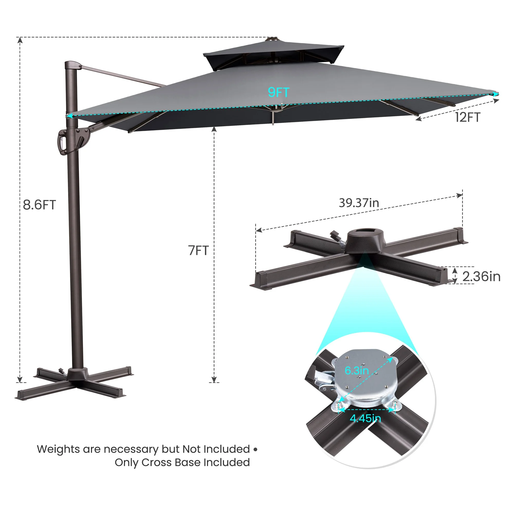 Pellebant 11 ft. x 9 ft. Rectangular Double Top Patio Cantilever Umbrella, Black