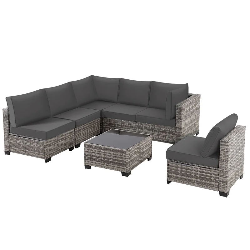 Ainfox 7 Pcs Outdoor Patio Furniture Sofa Set, Grey Rattan Grey Cushion