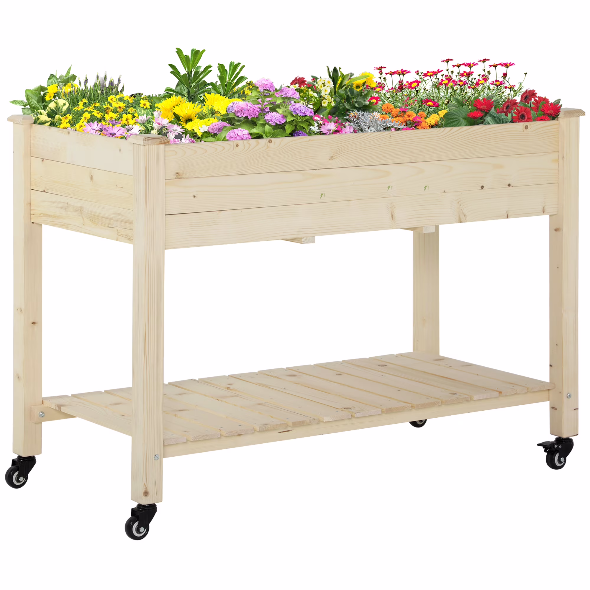 DUOSONG Outsunny Raised Garden Bed, 47″ X 22″ X 33″, Elevated Wooden Planter Box W/ Lockable Wheels, Storage Shelf, And Bed Liner For Backyard, Patio, Natural Natural Wood Garden & Outdoor Garden