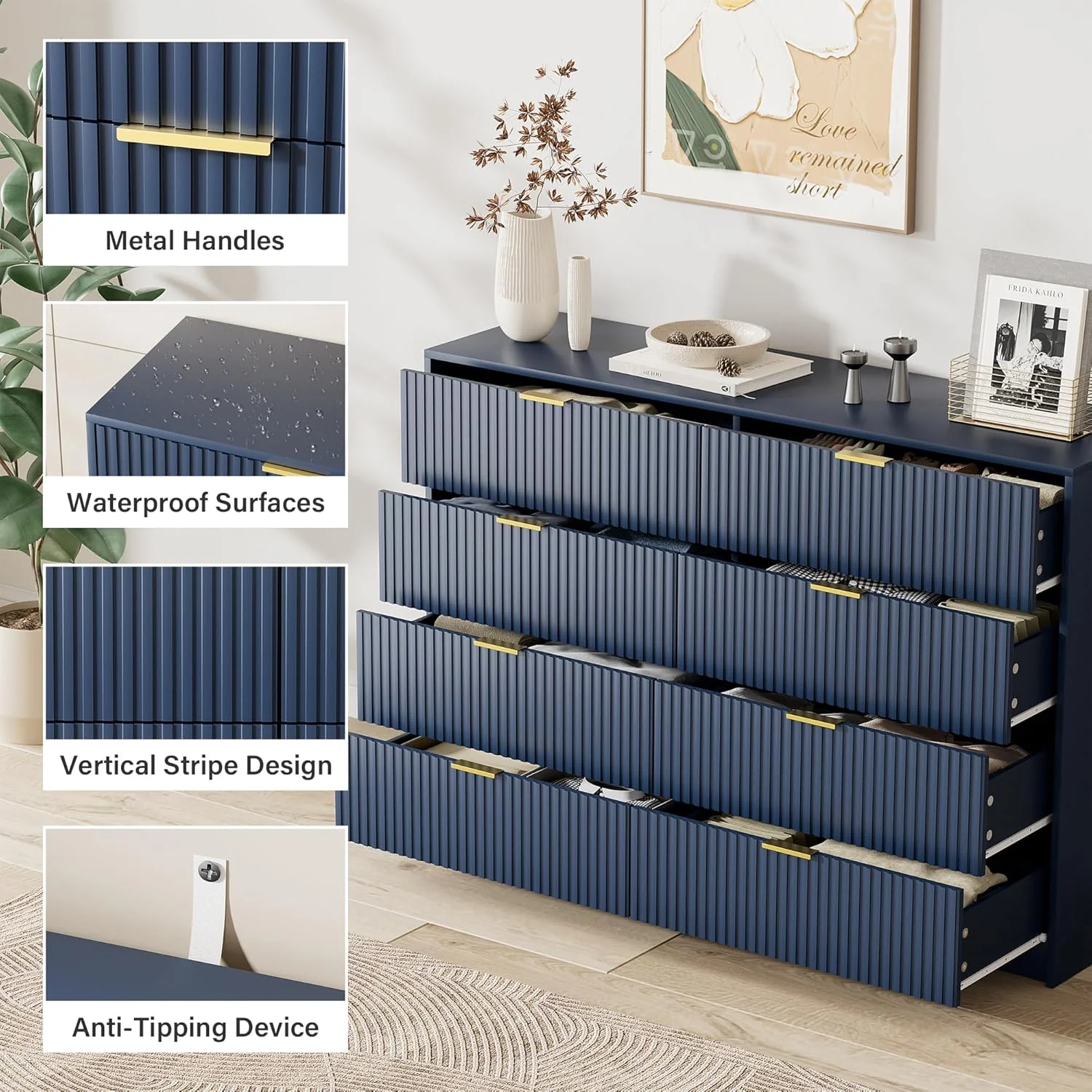 Furniway Black Dresser for Bedroom, 8 Drawer Double Dresser, Modern Chest of Drawers for Bedroom, Living Room, Entryway and Closet, 55" L x 15.7" D x 37.4" H