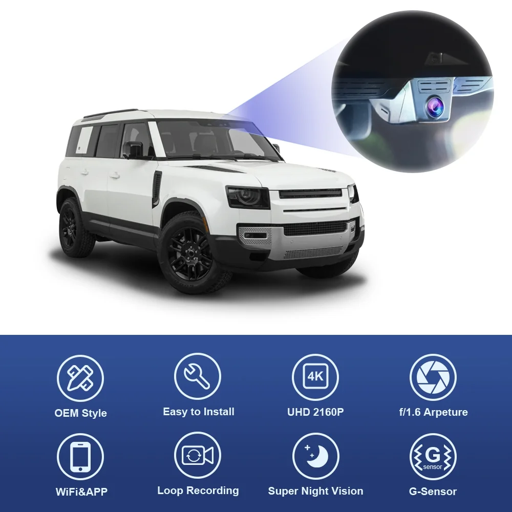 Fitcamx 4K Dash Cam Suitable for Land Rover Defender 110 90 2020 2021 2022 2023 2024 X S V8 Standard X-dynamic, OEM Style, WiFi & APP, Plug & Play, 64GB Card