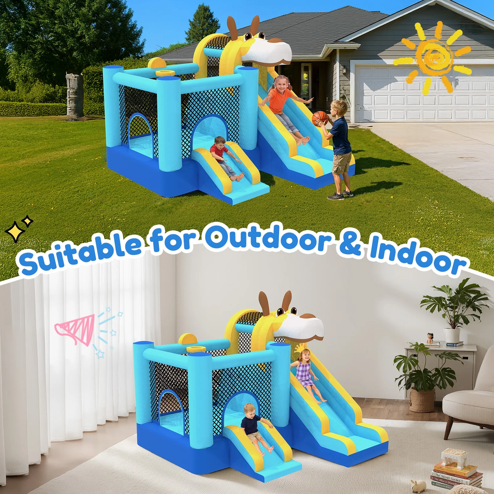 Mukidy 114''x 114'' x 92.5'' Inflatable Bounce Houses for Kids 3-10 with Blower Double Slide and Ball Pit/Indoor Bouncy House, PVC, Child, Teen, Toddler,Blue
