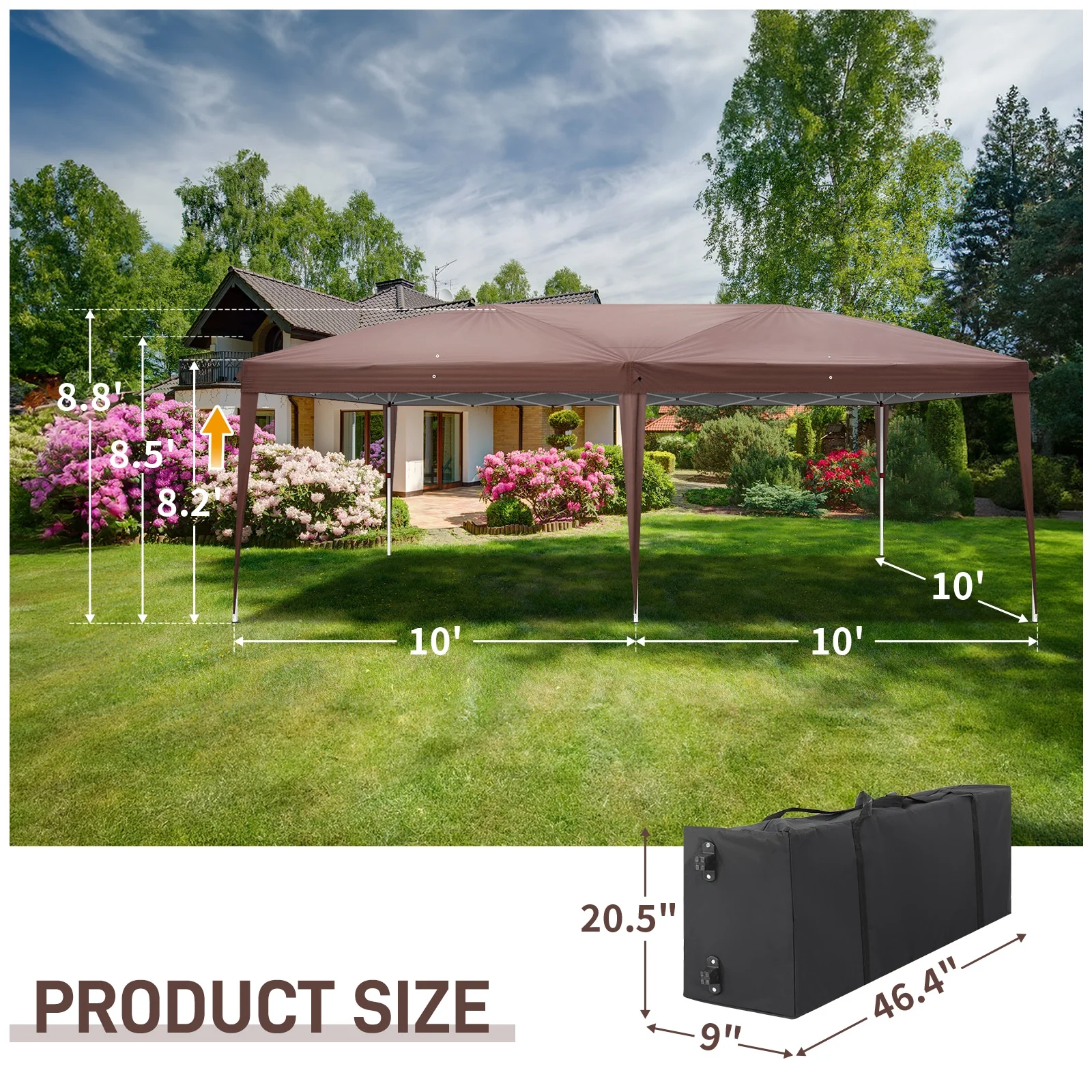6m x 3m (20ft x 10ft) Dark Brown Waterproof Instant Pop Up Tent Portable Folding Shelter with 2 Windows, UV Protection, Heavy Duty for Camping, Outdoor Events, Market Stall, Backyard