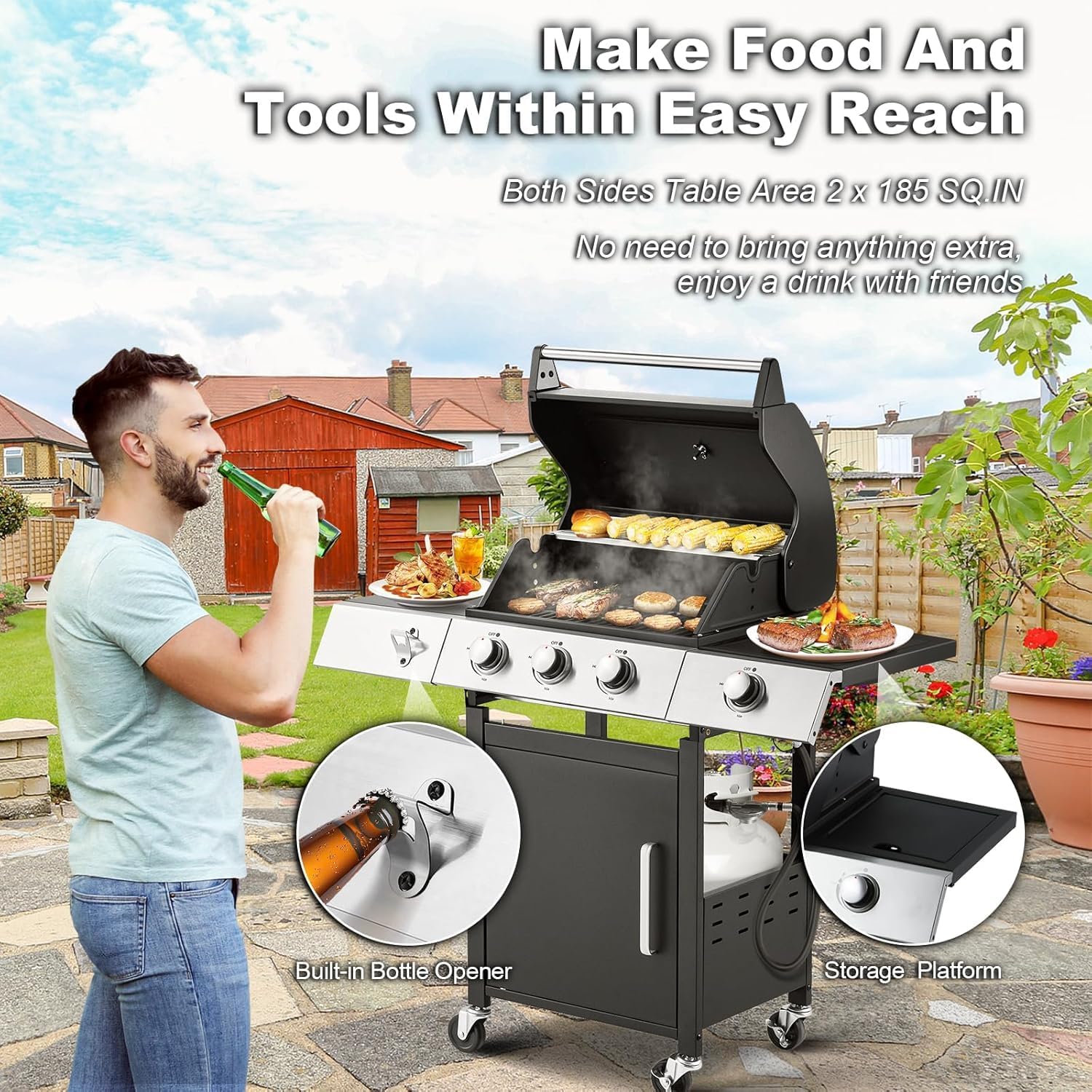 Upgraded 4 Burner BBQ Propane Gas Grill with Cast Iron Grates & Side Stove, 44,000 BTU Stainless Steel Burner Barbecue Grill for Patio, Camping, Outdoor Cooking.