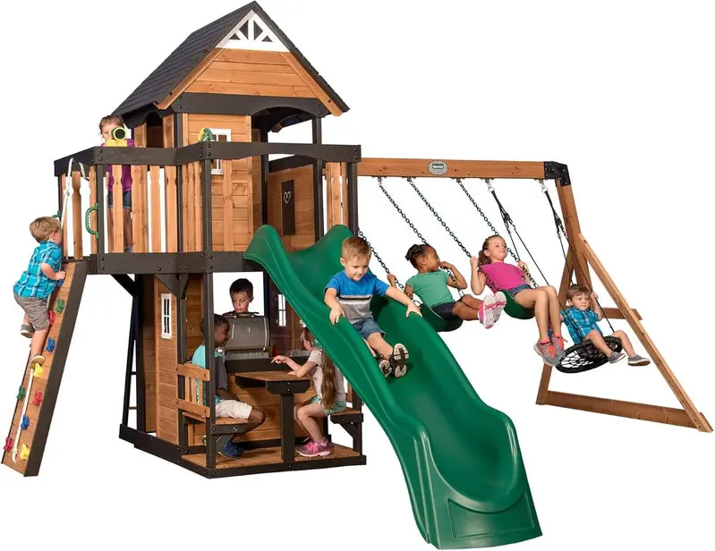 Backyard Discovery Canyon Creek Cedar Wood Swing Set With Wave Slide, Clubhouse, Play Kitchen, 183 x 188 x 119 Inches