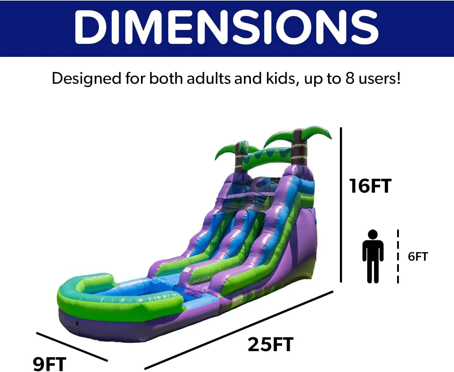 HeroKiddo 16' Purple Tropical Lightweight Premium Commercial Grade Water Slide Inflatable with Attached Pool for Kids and Adults (with Blower), Wet Dry Use, Summer Fun