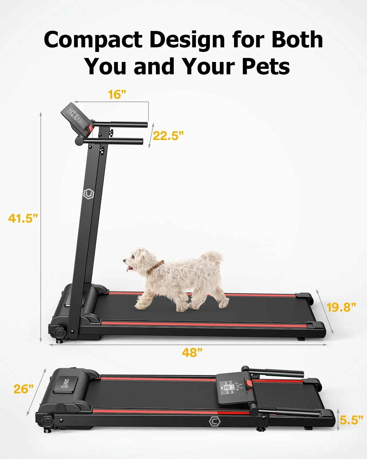 UREVO Folding Treadmill - 2.25HP, 12 HIIT Modes, 265 lbs Capacity, Yellow Or Red