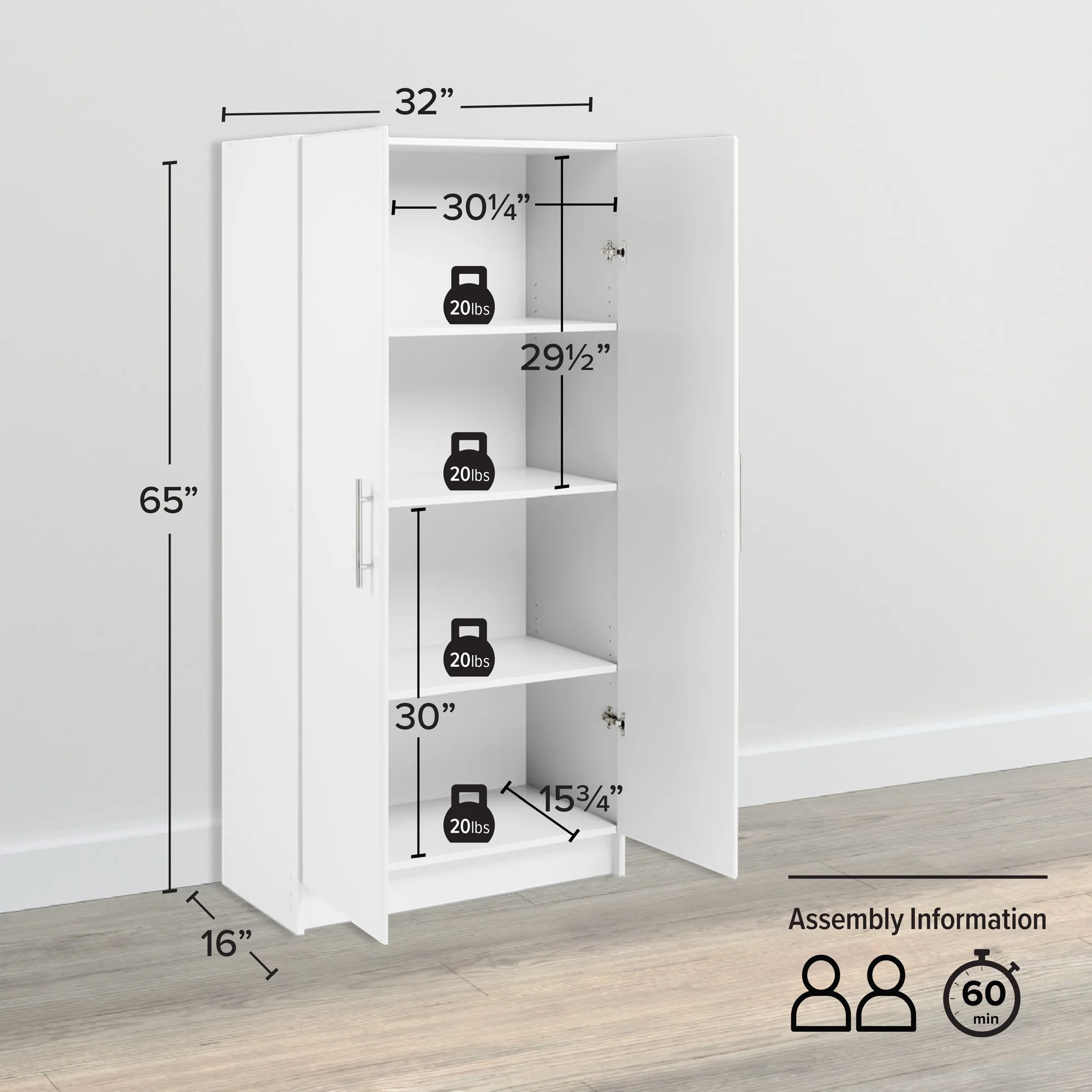 Prepac Adjustable Shelves Cabinet - Functional Tall Garage Table, 16"D x 32"W x 65"H Freestanding Garage Cabinet with 2-Doors, White - WES-3264