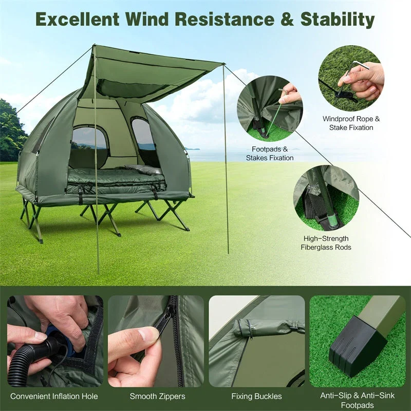 5-in-1 2-Person Portable Camping Tent Cot With Air Mattress, Sleeping Bags And Sunshade - Green & Blue