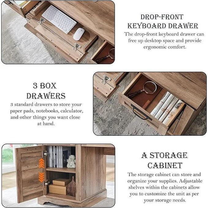 60 Farmhouse Executive Desk, Wood Home Office Desk, Computer Desk