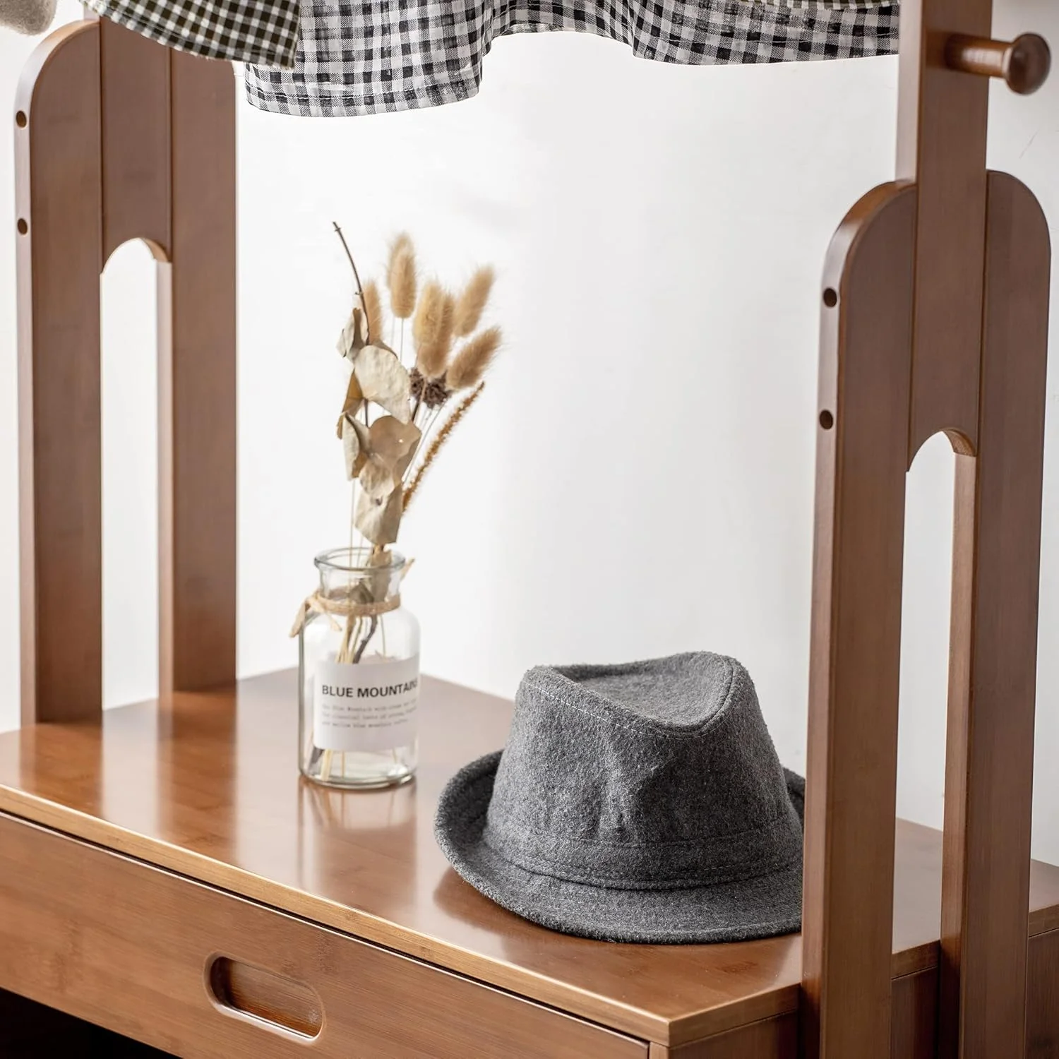 WILK Freestanding Wooden Coat Rack, Bamboo Wood Coat Rack with Seat, Storage Drawer and Hooks, Tree Freestanding for Hanging Coats, Jackets, Hats, Bags, Umbrellas, Brown (32.9(L) x 13(W) x 66.5(H))