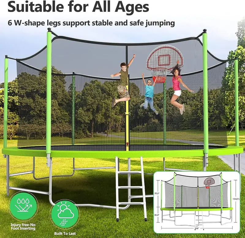 Trampoline With Enclosure Net And Adjustable Basketball Hoop - 8ft, 10ft, 12ft, 14ft, 15ft, 16ft