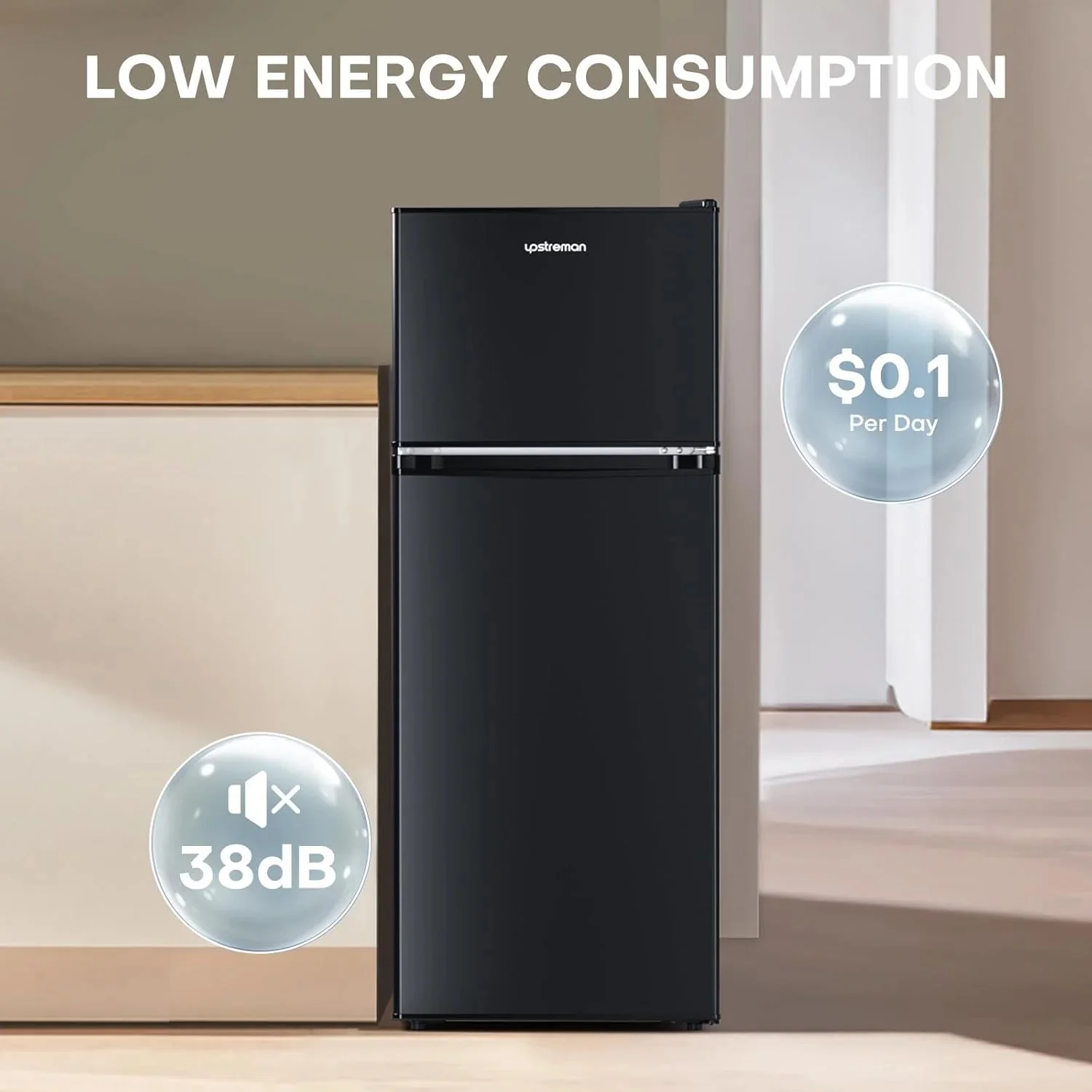 Upstreman 4.0 Cu.Ft Mini Fridge with Freezer – Double Door Compact Refrigerator for Dorm, Office, Bedroom – Adjustable Thermostat, Black (BR401)