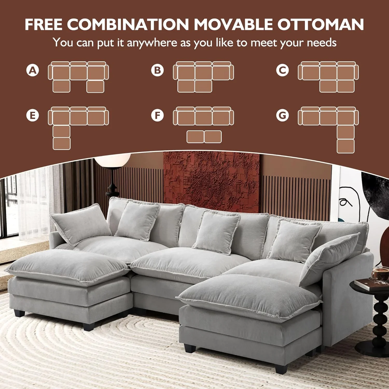 Ihanherry 146" U-Shaped Modern Sofa Modular Sectional Cloud Couch with 2 Ottoman, 6-Seat Chenille Deep Seat Sofa with 6 Pillows for Living Room, Bedroom and Apartment, Grey