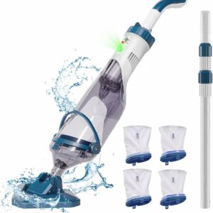Pool Vacuum for Above Ground Pool with a Telescopic Pole, Running time up to 1H, T403 Handheld Rechargeable Pool Cleaner with Powerful Suction up to 18.5 gallons/min, Ideal for Leaves, Debris