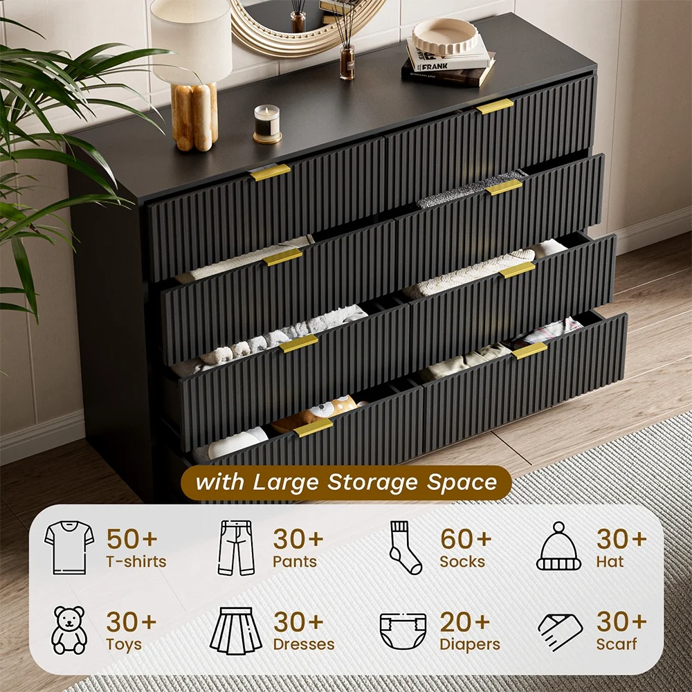 Furniway Black Dresser for Bedroom, 8 Drawer Double Dresser, Modern Chest of Drawers for Bedroom, Living Room, Entryway and Closet, 55″ L x 15.7″ D x 37.4″ H