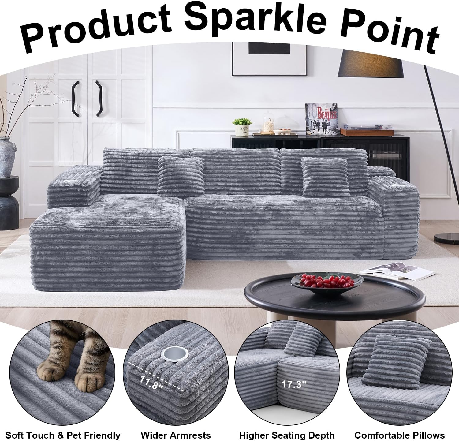 Cloud Sectional Couch with L-Shape Chaise Modern Modular Sofa Deep Seat Built-in Cup Holder