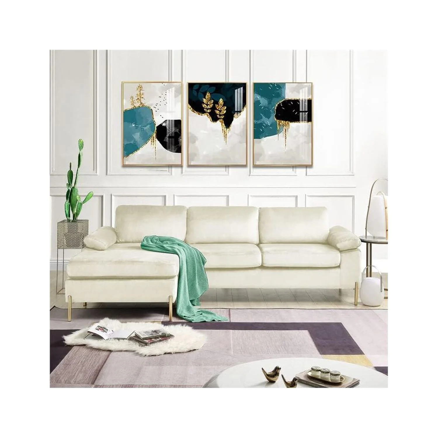 HomeStock Luxe Modern Velvet L-Shape Sectional Sofa with Square Padded Armrests, Solid Pattern Upholstery - 51.6"D x 101.2"W x 33.1"H, Comfortable and Stylish Seating for Living Room-Color:Gray/Gold