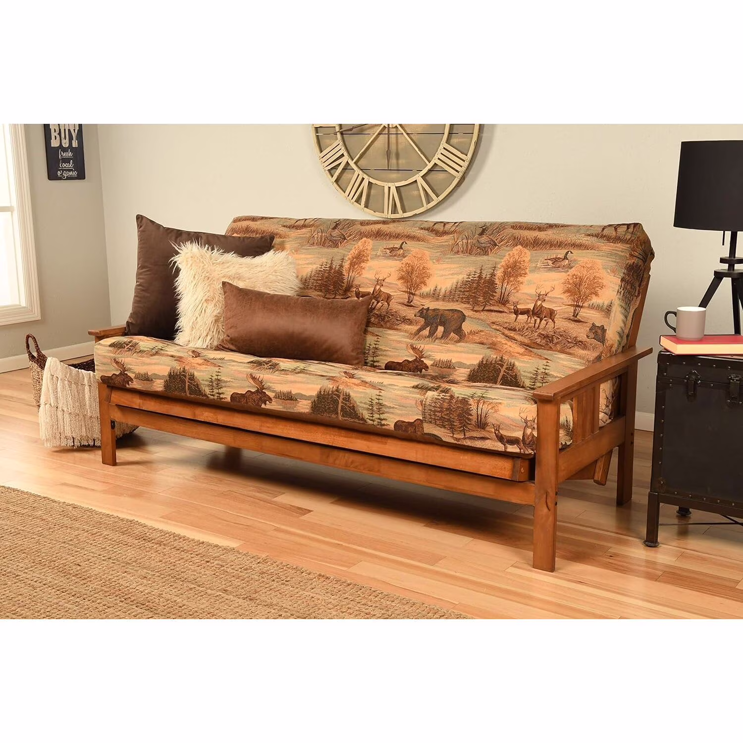 Homestock African Artifacts Full Size Futon Frame Set with Mattress, Easily Converts to Bed, Versatile Design Futon Frame for All Spaces, 33"H x 79"L x 37"D-Color:Linen Charcoal,Size:Barbados