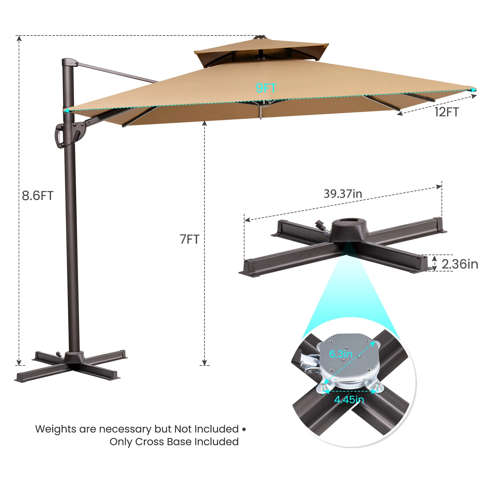 Pellebant 11 ft. x 9 ft. Rectangular Double Top Patio Cantilever Umbrella, Black