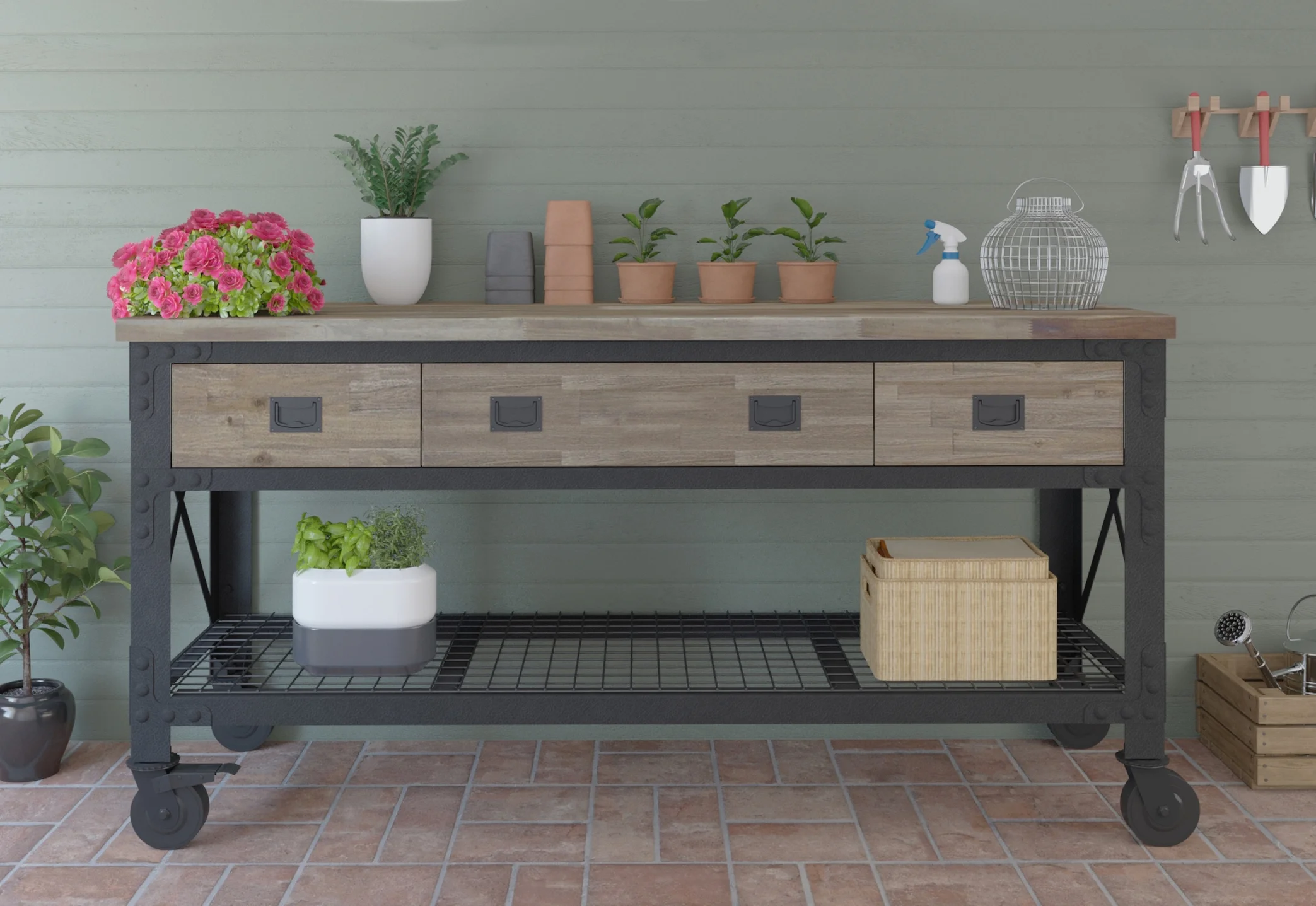 72 In x 24 In. 3 Drawer Rolling Industrial Workbench with Wood Top - Aged Macadamia