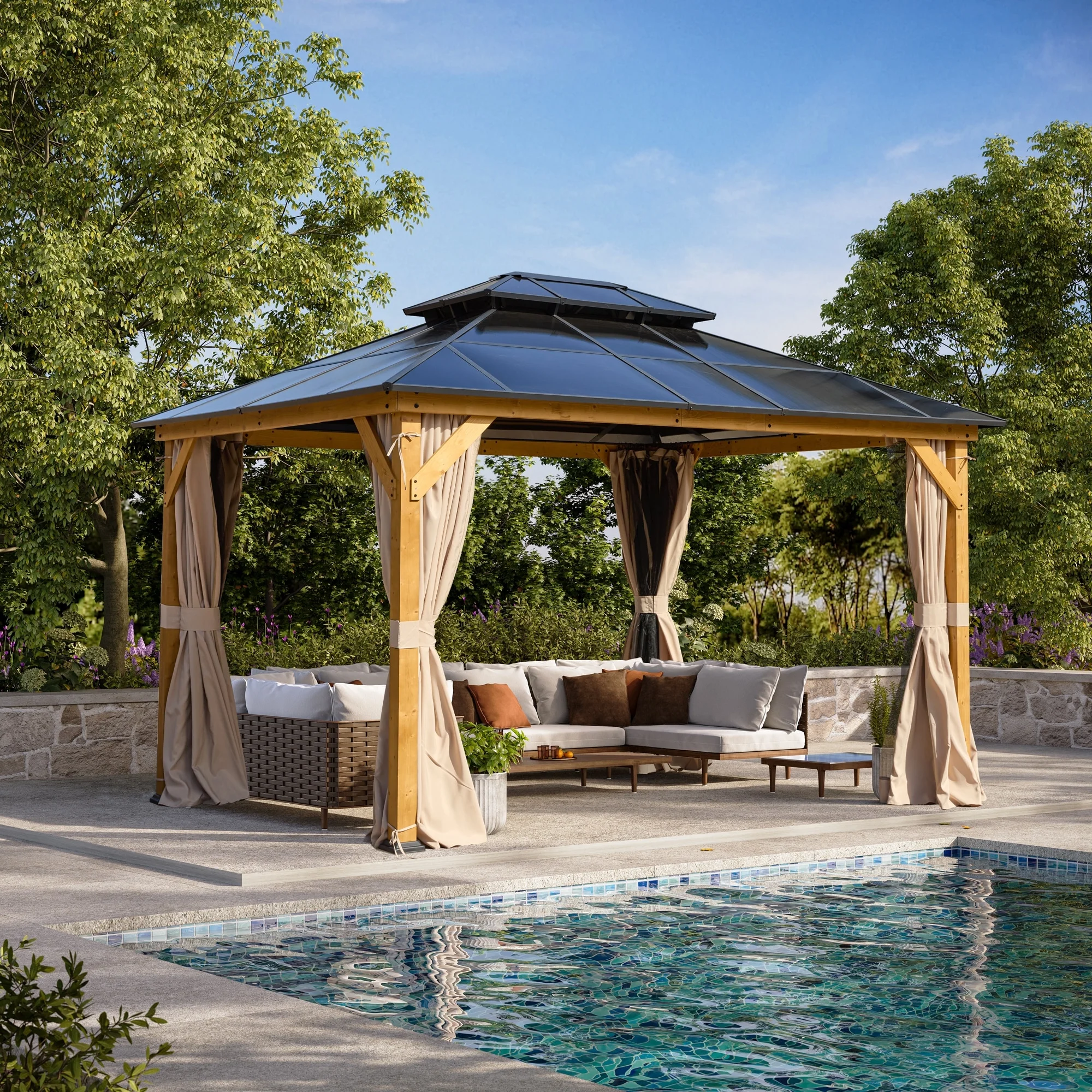 Erommy 10' x 13' Double Roof Hardtop Gazebo, Aluminum Frame Polycarbonate Roof