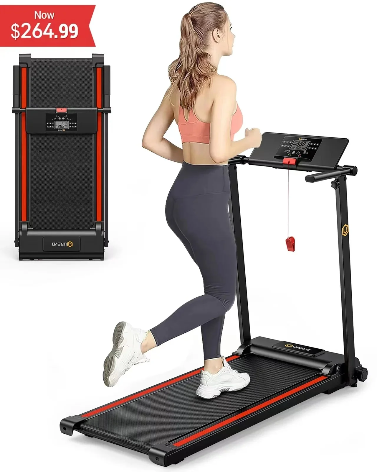 UREVO Folding Treadmill - 2.25HP, 12 HIIT Modes, 265 lbs Capacity, Yellow Or Red