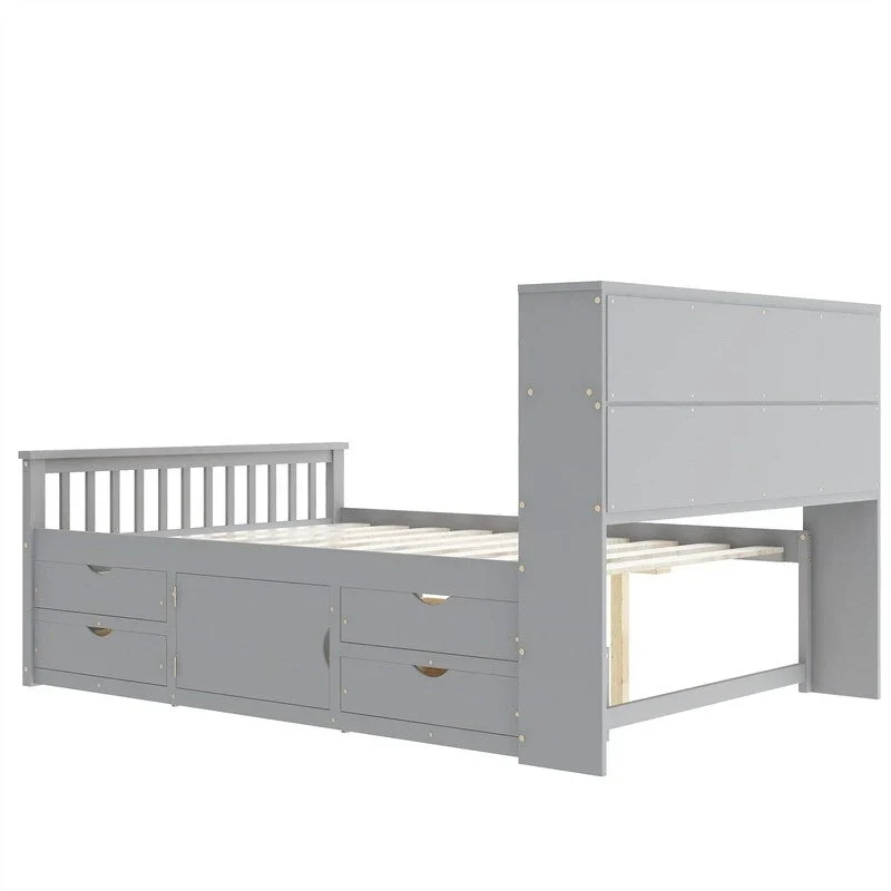 Twin/Full Size Captain Platform Bed with 4 Drawers and Storage Shelves, Solid Wood Bed Frame with Storage Bookcase Headboard