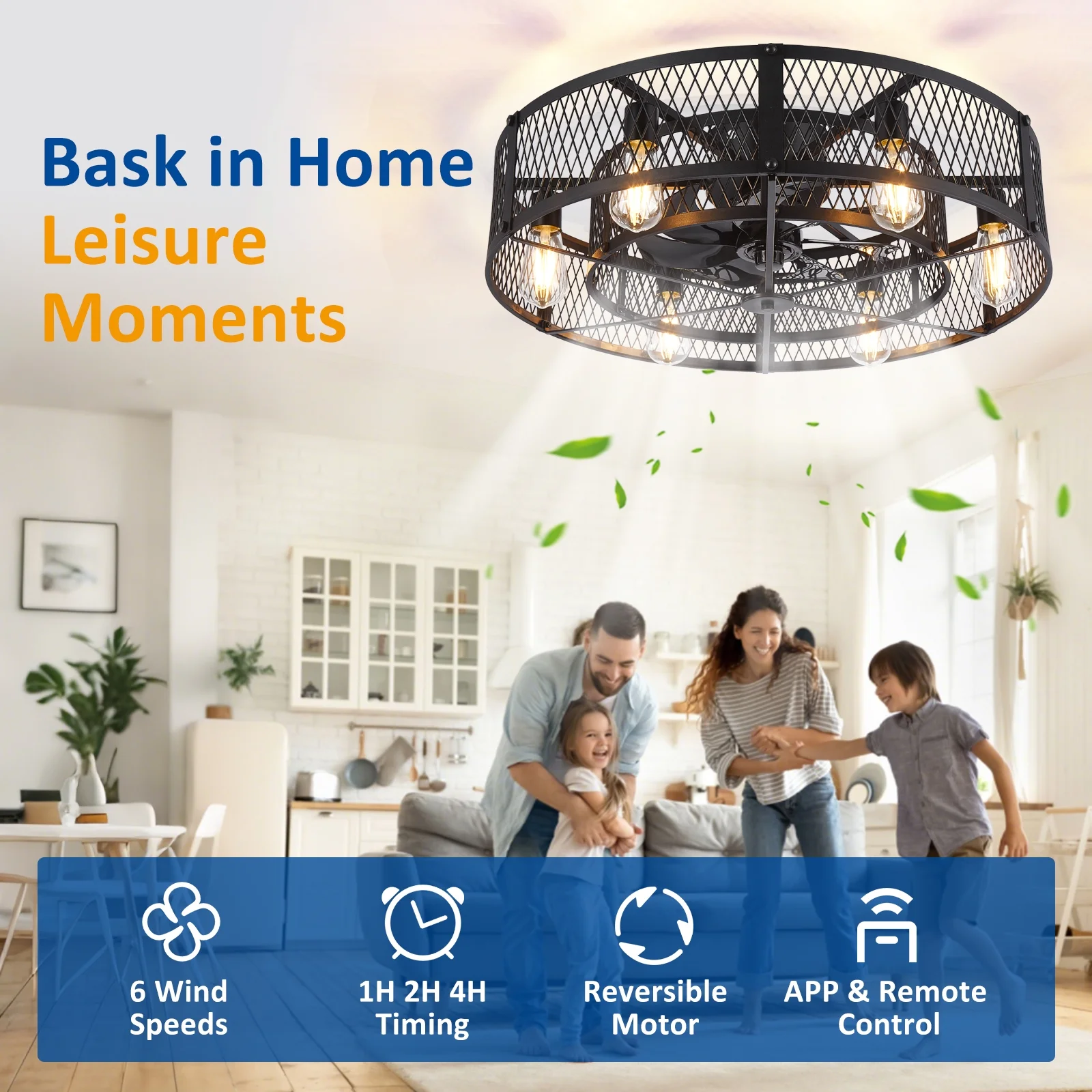 26 – Inch Farmhouse Caged Ceiling Fan with Light, Remote & APP Control Quiet DC Motor E26 Bulbs Included Black