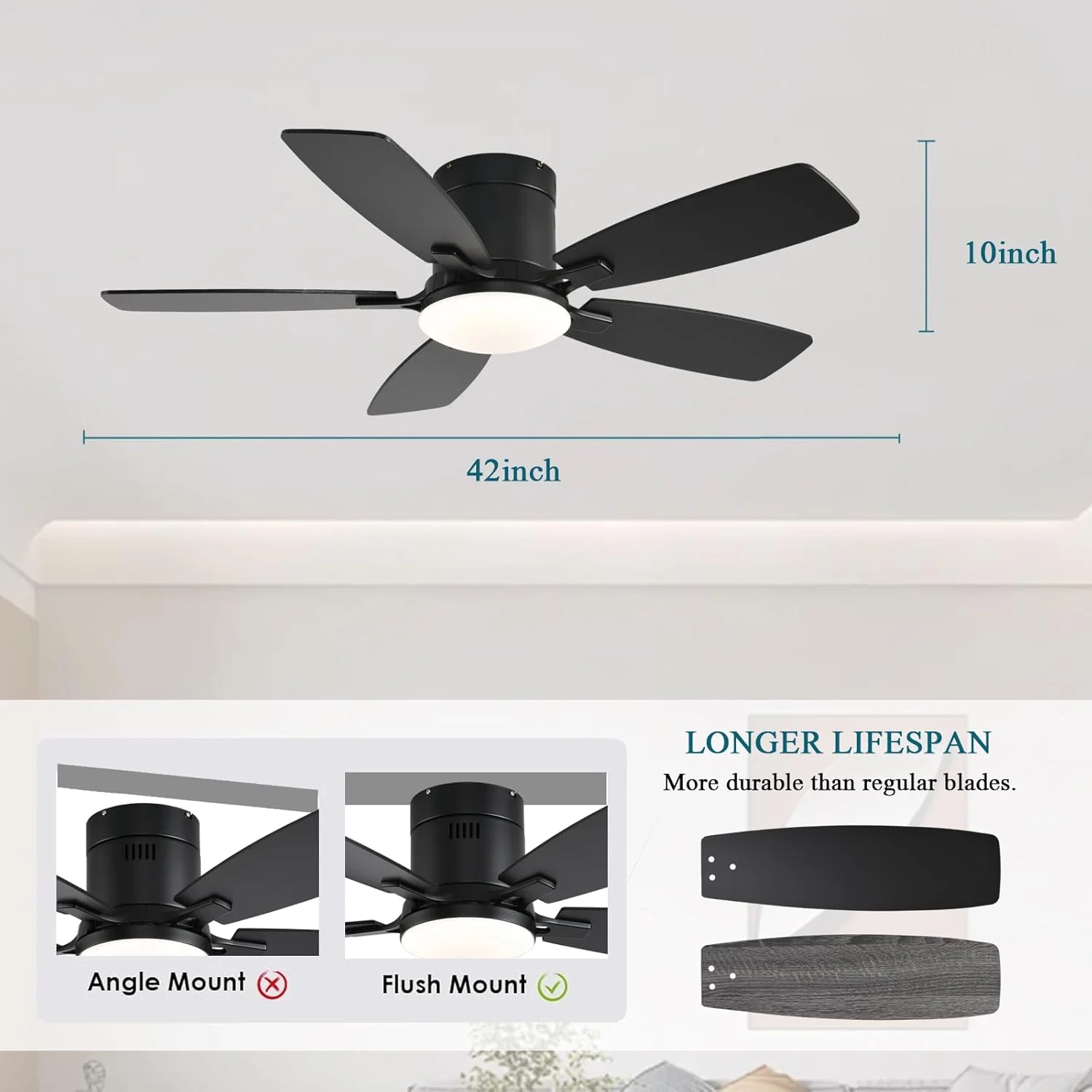42 Inch Low Profile Ceiling Fans with Lights and Remote, Flush Mount Modern Ceiling Fan, 3 CC T DC Ceiling Fan for Bedroom, Living Room, Brushed Nickel