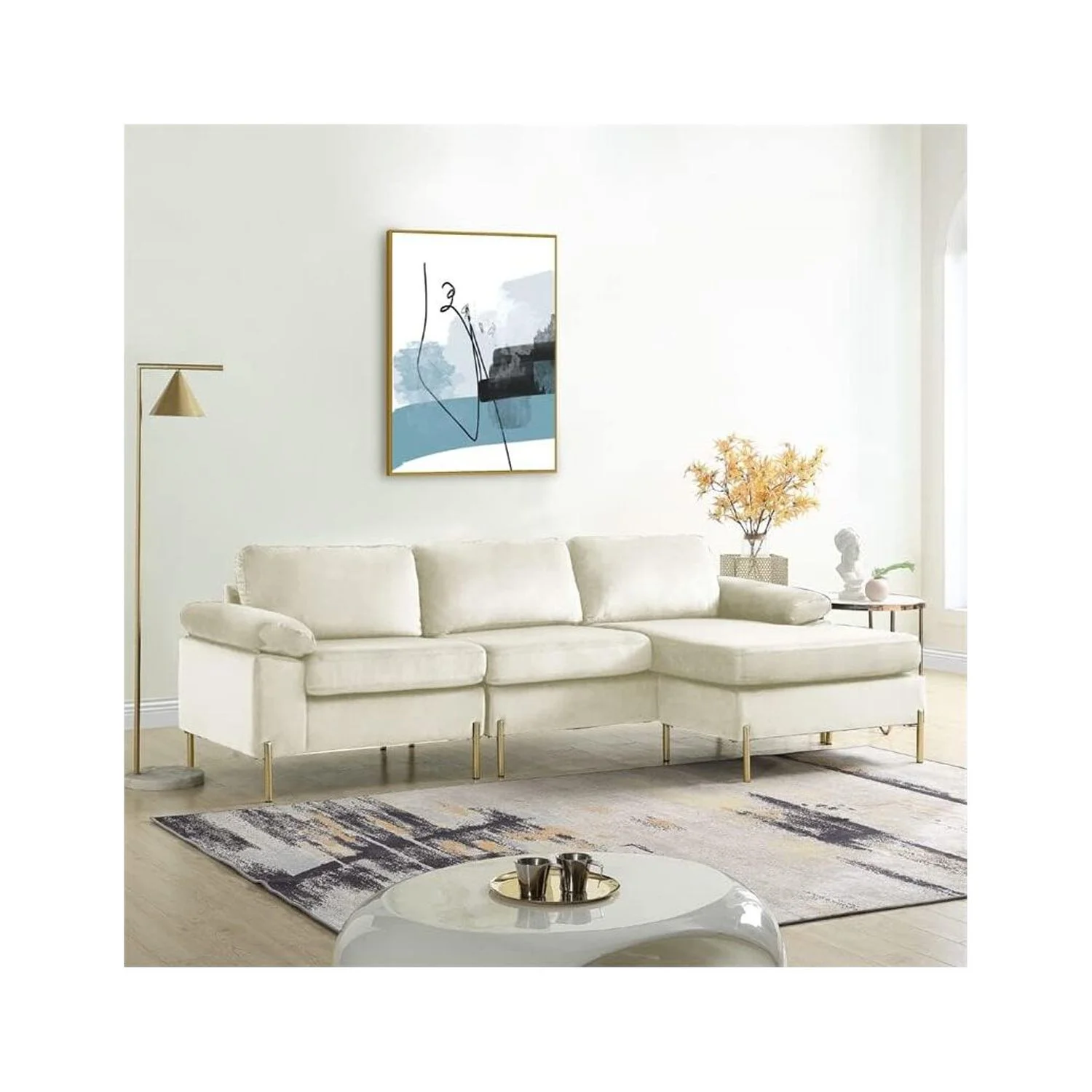 HomeStock Luxe Modern Velvet L-Shape Sectional Sofa with Square Padded Armrests, Solid Pattern Upholstery - 51.6"D x 101.2"W x 33.1"H, Comfortable and Stylish Seating for Living Room-Color:Gray/Gold