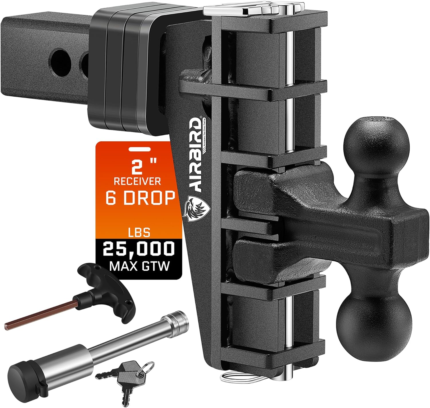 Adjustable Trailer Hitch Fits 2-Inch Receiver, Heavy Duty Tow Hitches (17000 LBS GTW) 6 Inch Drop Truck Hitch Tri-Ball Mount with Hook (1-7/8″ x 2″ x 2-5/16″)