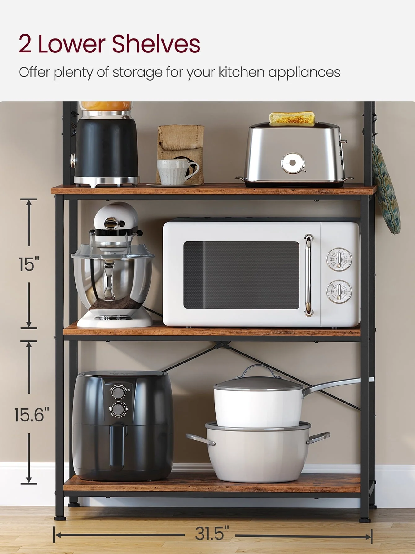 VASAGLE Baker's Rack Microwave Oven Stand Kitchen Tall Utility Storage Shelf 6 Hooks and Metal Frame Industrial 15.7 x 31.5 x 65.7 Inches Rustic Brown and Black