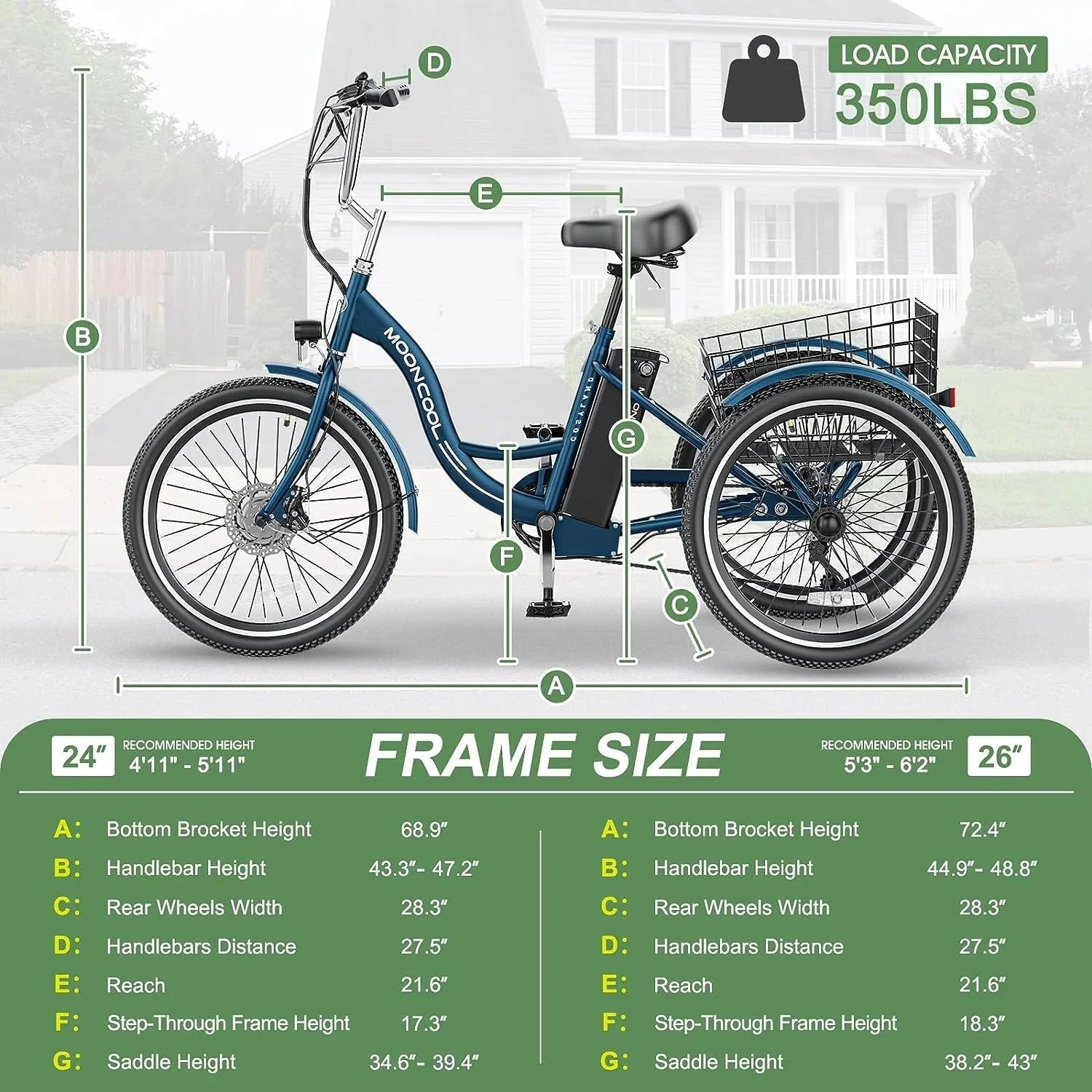 Mooncool Adult 3-Wheel Electric Tricycle, 24in 26in, 350W 36V, 7 Speeds