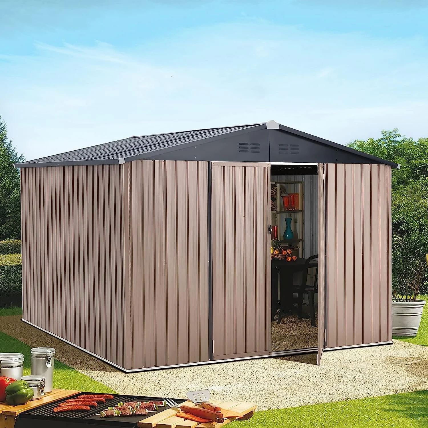 AECOJOY 10′ x 8′ Outdoor Metal Storage Shed with Lockable Door for Backyard