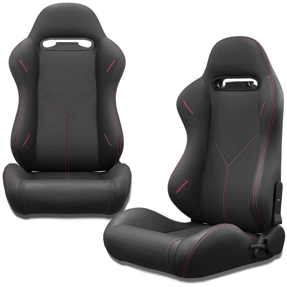 2PC Universal Reclinable Bucket Racing Seats With Adjustor Slider – Red PVC Leather