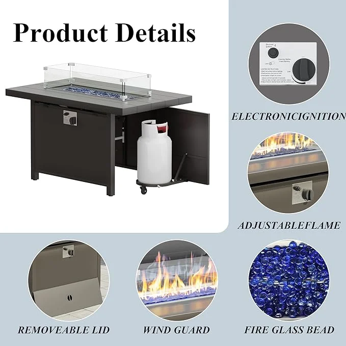 ALAULM 43" x 27.6" Propane Gas Fire Pit Table with Adjustable Flame