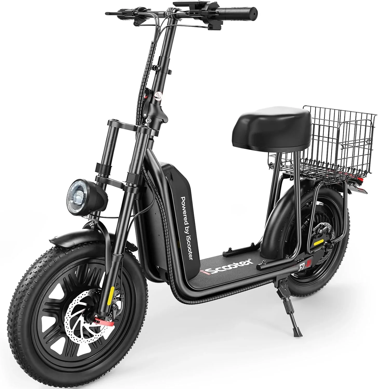 iScooter electric scooter with seat, 37/21 mile range, 28/19/15.6 mph top speed, dual suspension scooter with basket