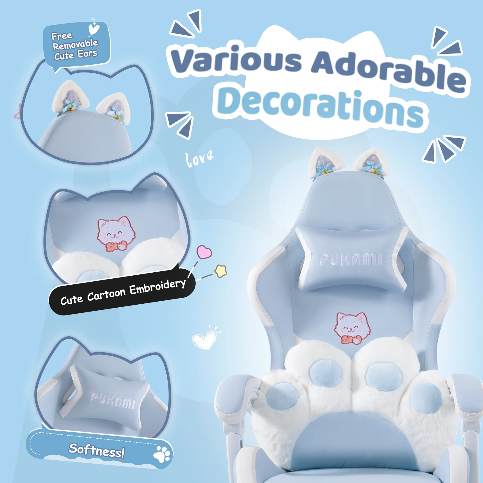 Waleaf Pink Gaming Chair with Cat Paw Lumbar Cushion and Cat Ears for Girls, Reclining Office Computer Chair with Footrest for Adults, Teens