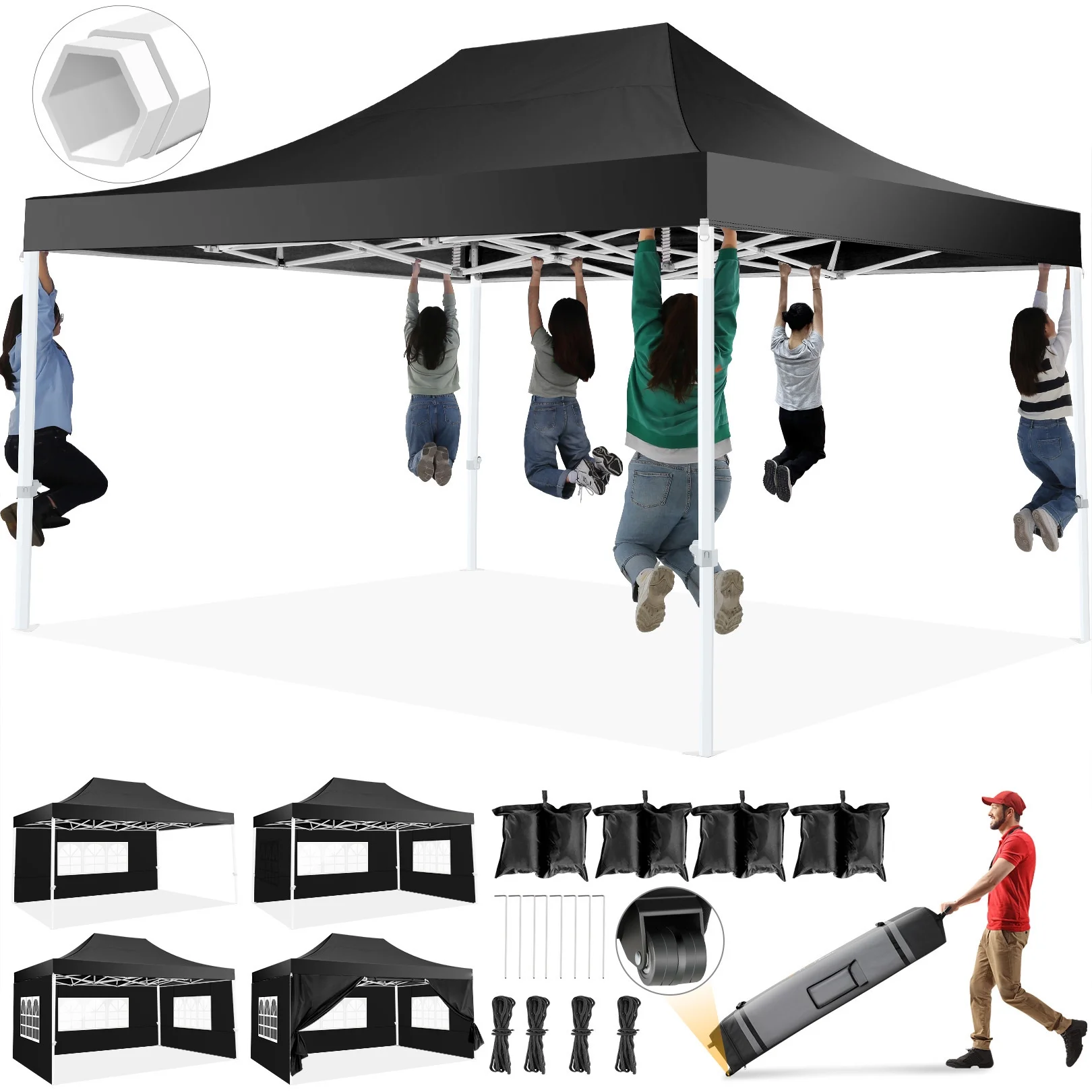 Hoteel 10×15 Heavy Duty Canopy Tent with 4 Sidewalls,Pop up Canopy for Parties Wedding,Commercial Easy up Gazebo with Roller Bag,UV 50+ &,Black
