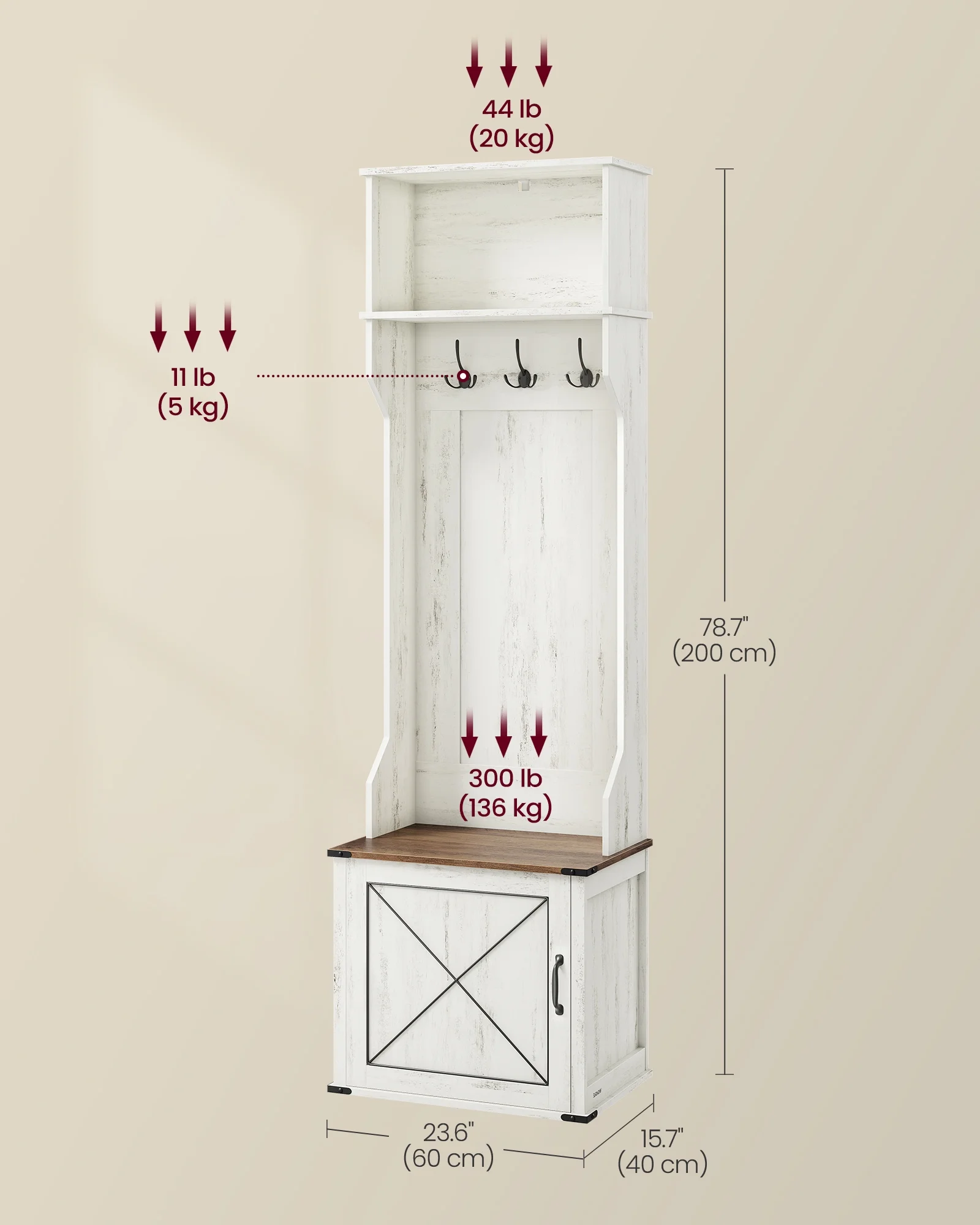 Farmhouse-Inspired Entryway Organizer, Triple Hooks & Built-In Shoe Bench, Hall Tree Entryway Bench for Mudroom & Foyer, Space-Saving Coat Rack with Storage Cabinet, Rustic White and Honey Brown