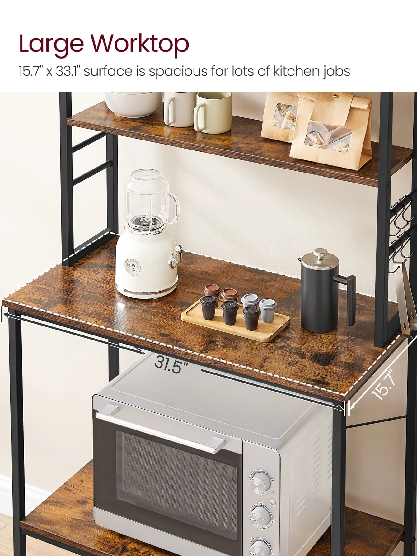 VASAGLE Baker's Rack Microwave Oven Stand Kitchen Tall Utility Storage Shelf 6 Hooks and Metal Frame Industrial 15.7 x 31.5 x 65.7 Inches Rustic Brown and Black