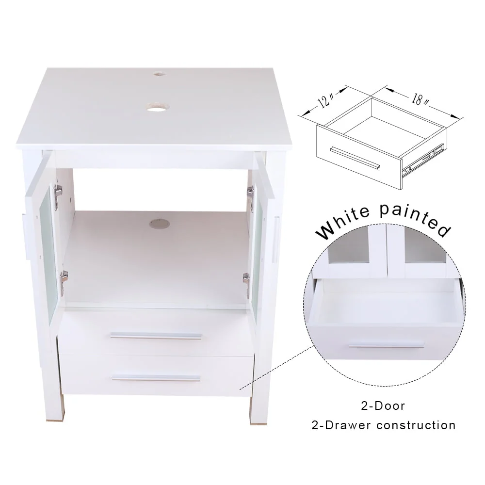 Eclife 24"W x 20"D x 32"H Classical Bathroom Vanity Vessel Sink Set with Faucet, Mirror White Vanity and Ocean Blue Square Glass Sink Pop up Drain Combo