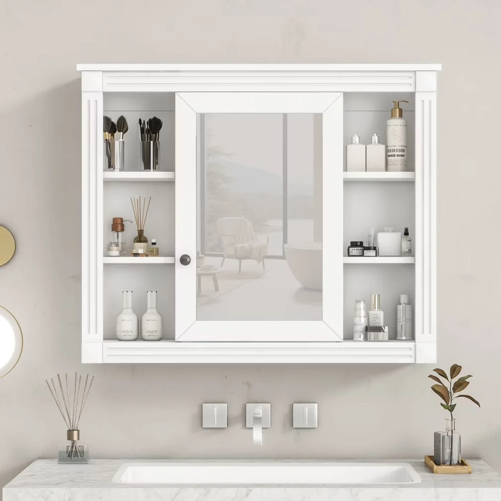 36'' Bathroom Vanity Set With Ceramic Sink Top, Mirror Cabinet, 2 Doors And 2 Drawers - Gray