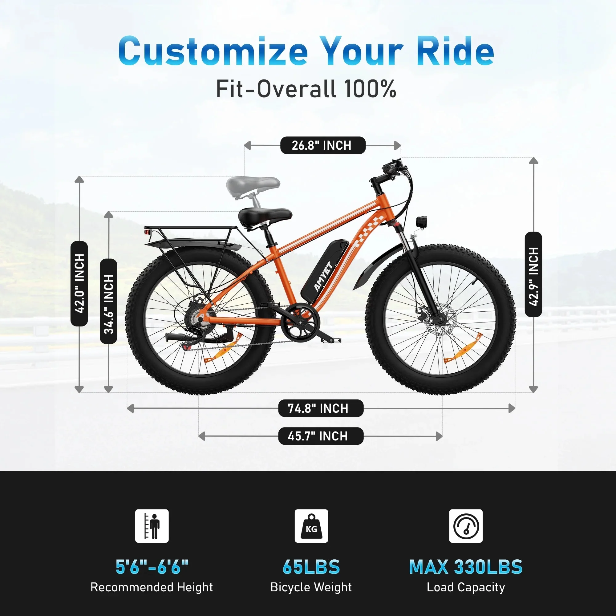 AMYET 26 x 4 Fat Tire Electric Mountain Bike, 48V 15Ah, 7-Speed - EB26