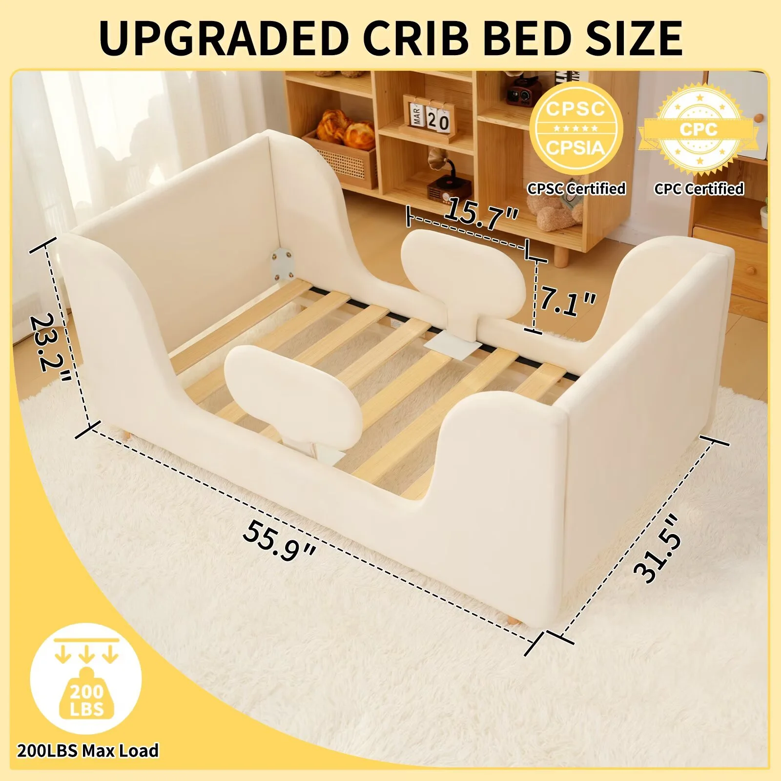 Lilypelle Toddler Bed Frame, Toddler Floor Bed with Removable Guard Rails, Small Bed for Boys and Girls, Standard Crib Size Toddler Bed55.9 x 31.5 x 23.2 inBeige